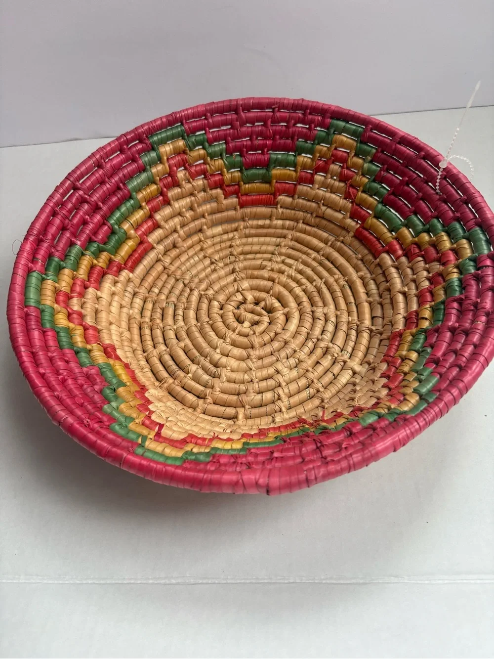 Source Unknown Pink, Tan & Green Woven Decorative Basket
